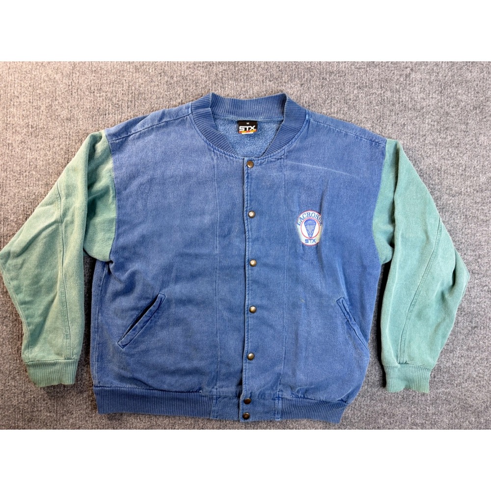 Vintage STX Lacrosse Jacket Mens Medium Blue Green Cotton Snap Fleece USA Made